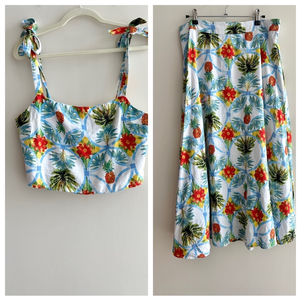 Rachel Zoe Tropical Print Matching Tank Top & A-Line Skirt Set,Blue/Green, Large